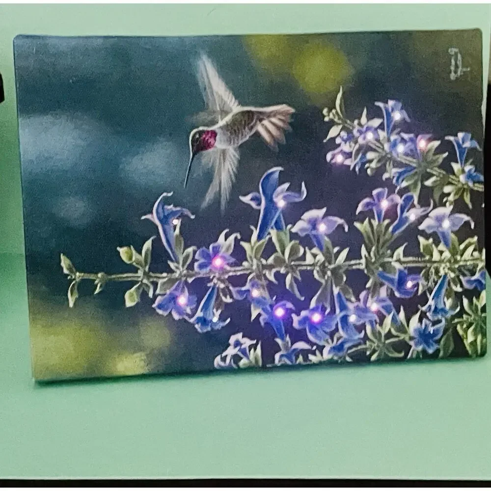 Hummingbird Flower LED Lighted Canvas Wall or Tabletop Picture 8.5 X 6
